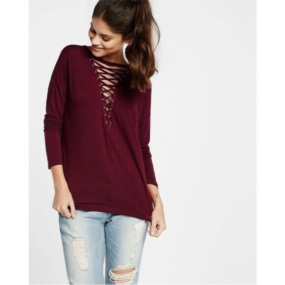 Express One Eleven Deep Plunge V-Neck Lace Up Top maroon long sleeve XS